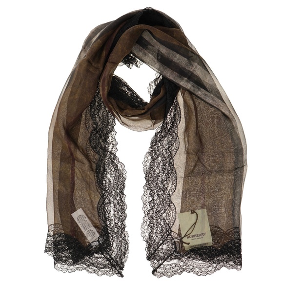 Burberry Scarf Lace Border Distress Check Chiffon New - Picture 1 of 5